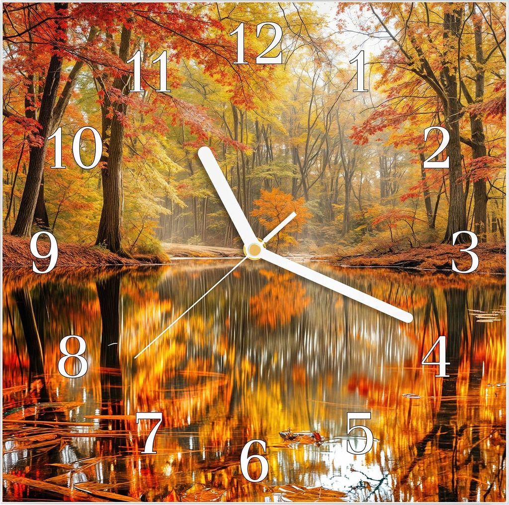 Wanduhr aus Glas mit Motiv Herbstwald am See- 30 x 30 cm - inkl. Aufhängesystem