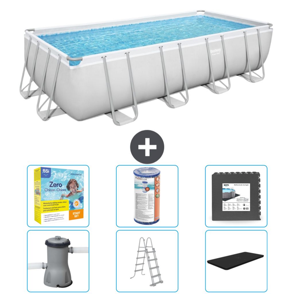 Bestway Rechteckiges Power Steel-Schwimmbecken – 488 x 244 x 122 – Grau, inklusive Pumpe – Leiter – Abdeckung Wartungspaket - Filter - Bode...