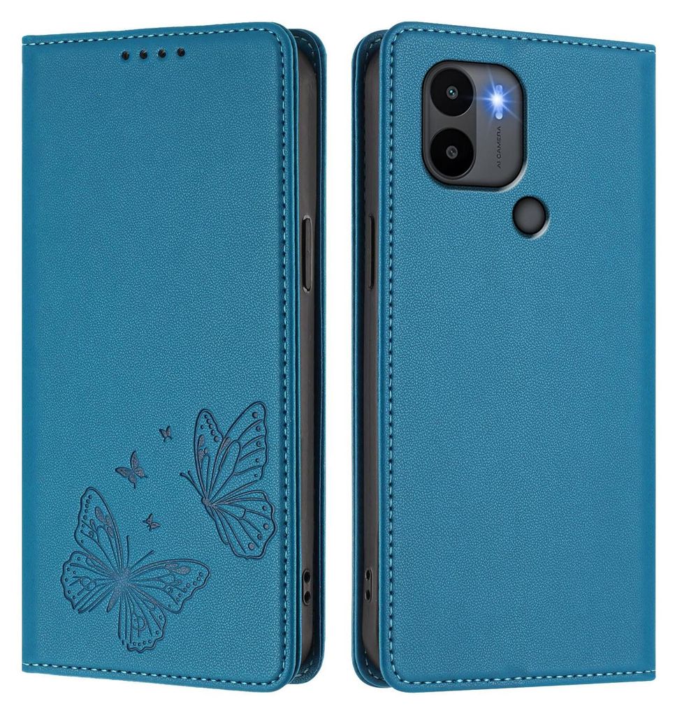 Lederhülle für Xiaomi Redmi A1+/A2+, Schmetterling Prägung Leder Brieftasche Schutzhülle mit Ständer Blau
