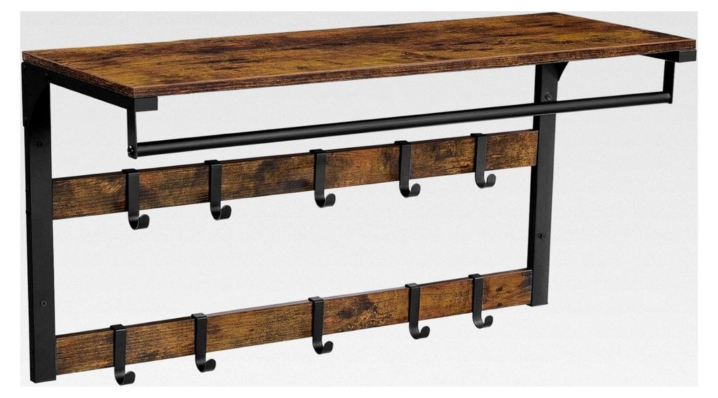 Wandgarderobe mit Ablage und 10 abnehmbaren Haken, Hängeregal zur Wandmontage, 2 Garderobenleisten, Kleiderstange, für Flur, Schlafzimmer, Badezi...