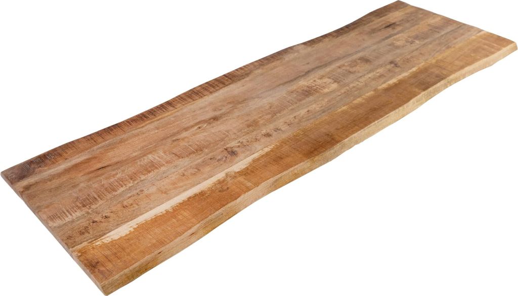 Holzplatte 180x40 cm Curtis, Bretter aus Mangoholz massiv + raue Oberfläche, Baumkanten-Platte für Heimwerker, geeignet für Arbeitsplatten, Tisc...