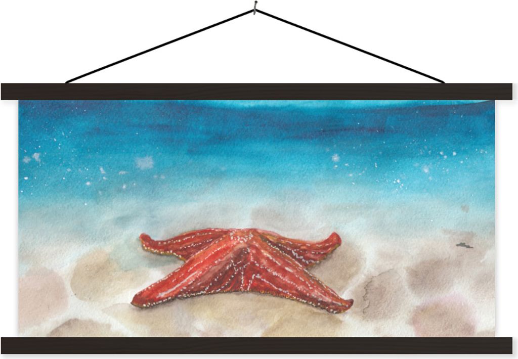 MuchoWow Textilposter Seestern - Aquarell - Meer 120x60 cm mit schwarzem Rahmen - Dekoration Schlafzimmer