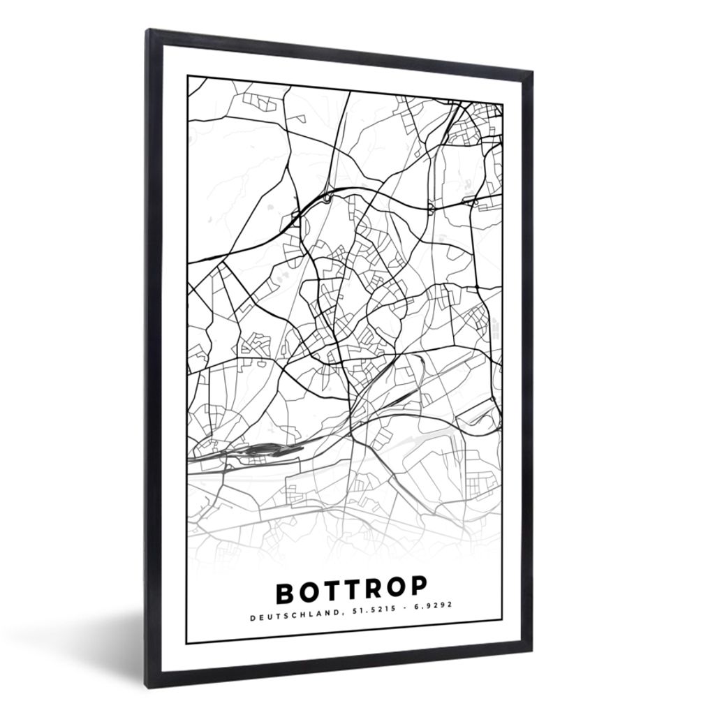 MuchoWow Gerahmtes Poster Bottrop - Karte - Stadtplan 20x30 cm - Poster mit Schwarzem Bilderrahmen Wandposter Rahmen Foto Bilder - Drucken - Bild...