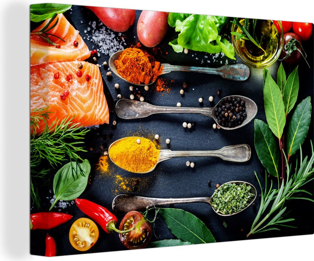 MuchoWow - Leinwandbilder - Kräuter - Löffel - Küche - Gewürze, Wandbild, Wanddeko Bilder Wohnzimmer, 60x40 cm