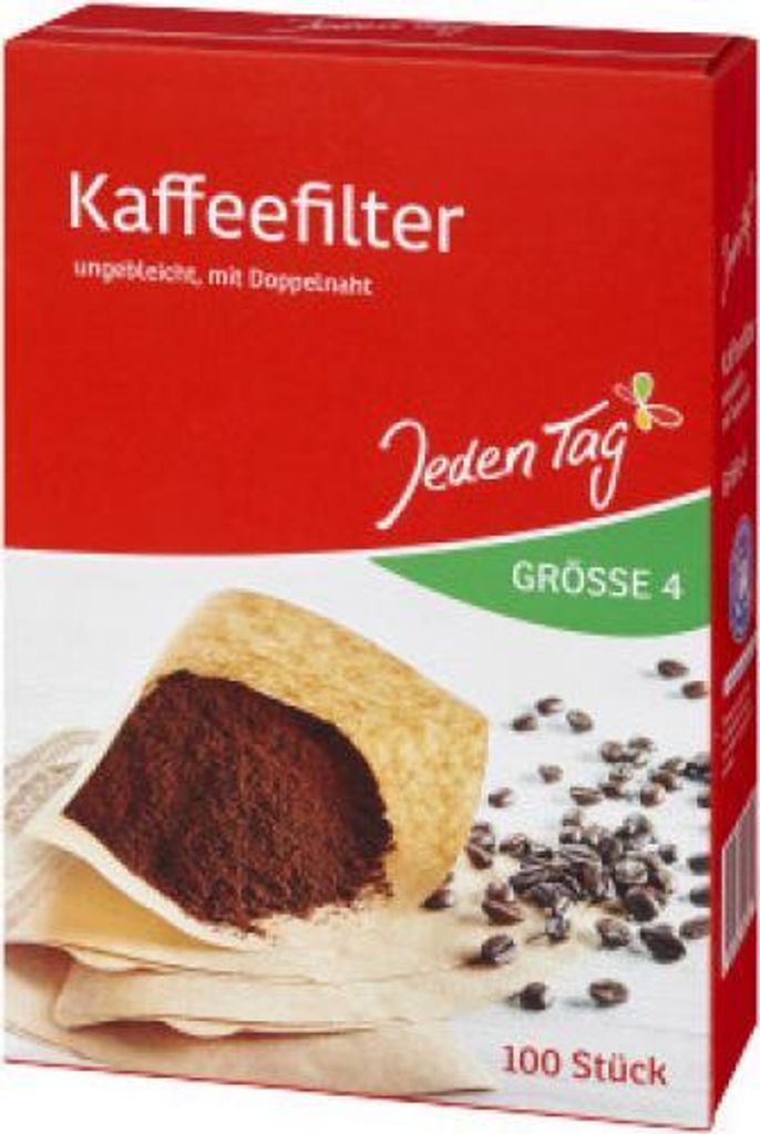 A product package for coffee filters with an image of coffee filters and coffee beans.