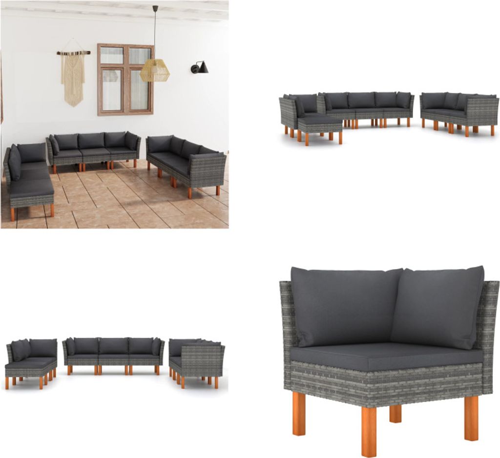 vidaXL 9 tlg. Garten Lounge Set mit Kissen Poly Rattan Grau - Garten-Sofa-Set - Garten-Sofa-Sets - Gartenmöbel Set - Gartenmöbel Sets