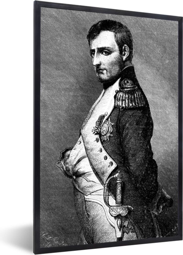 MuchoWow Gerahmtes Poster Schwarz-Weiß-Illustration von Napoleon Bonaparte steht diese stolz 40x60 cm - Poster mit Schwarzem Bilderrahmen Wandpo...