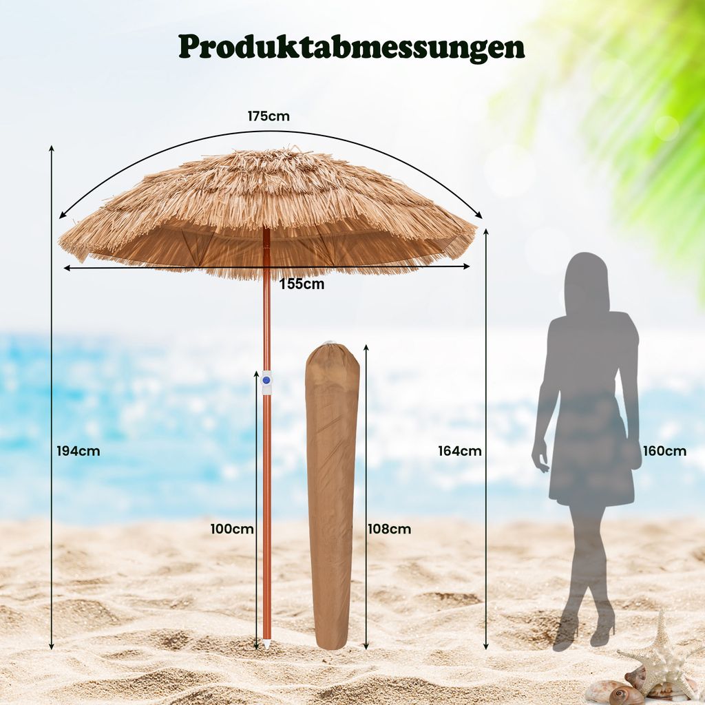 COSTWAY Sonnenschirm Hawaii, Strandschirm PP-Stroh neigbar
