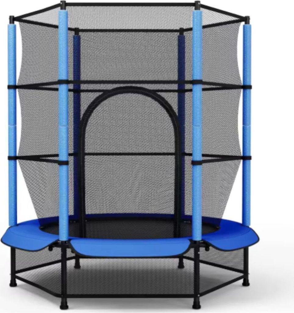 Kindertrampolin 140cm – Mit Sicherheitsnetz & Zipper-Tür – Mini Trampolin für drinnen & draußen – Blau – Max. 45kg