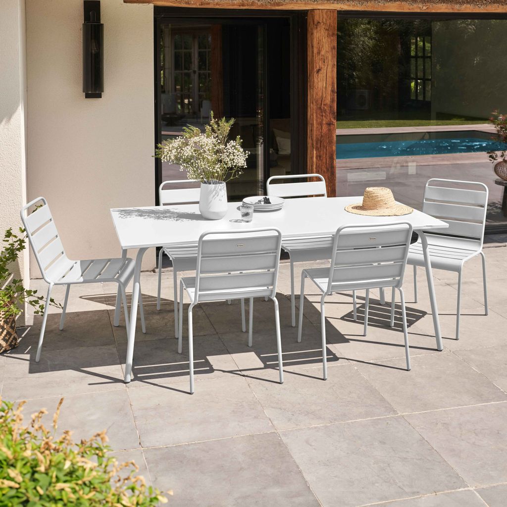 Gartentisch und 6 Metallstühle Weiß - Oviala Palavas