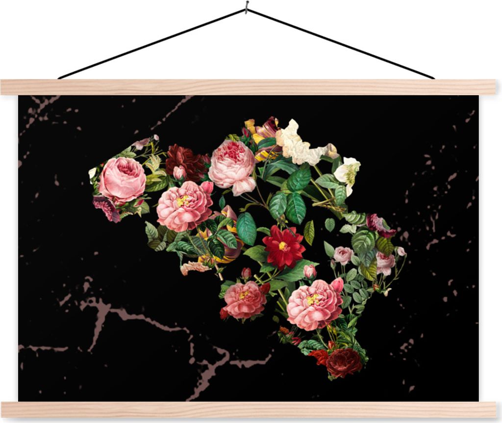 MuchoWow Textilposter Karte - Belgien - Blumen 120x80 cm mit holzfarbenen Rahmen - Aufhängeset