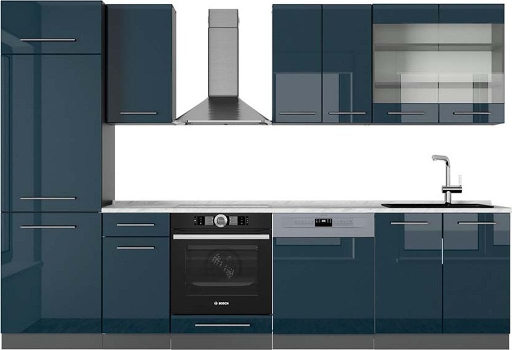 Küchenzeile Vicco Fame-Line Dunkelblau Hochglanz/Anthrazit 300 cm , AP Marmor, Model 49729