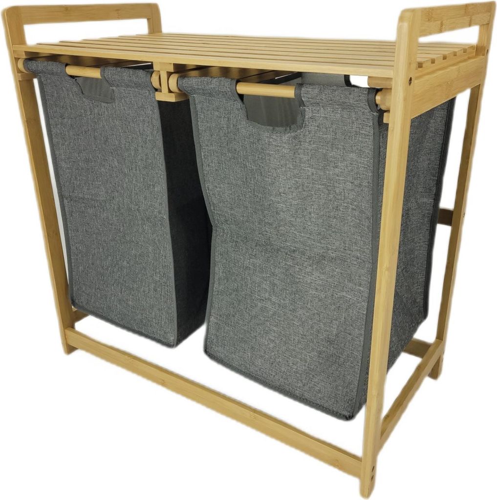 BEGRYF Wäschekorb mit 2 Fächern, Bambusrahmen 70x35x68 cm, Wäschesammler mit Ablage, Wäschetruhe grau