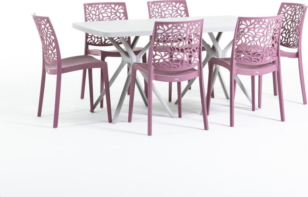 Outdoor-Essset mit rechteckigem Tisch 158x84 cm und 6 stapelbaren Stühlen aus glasfaserverstärktem Harz – modernes, farbenfrohes Design, ideal ...