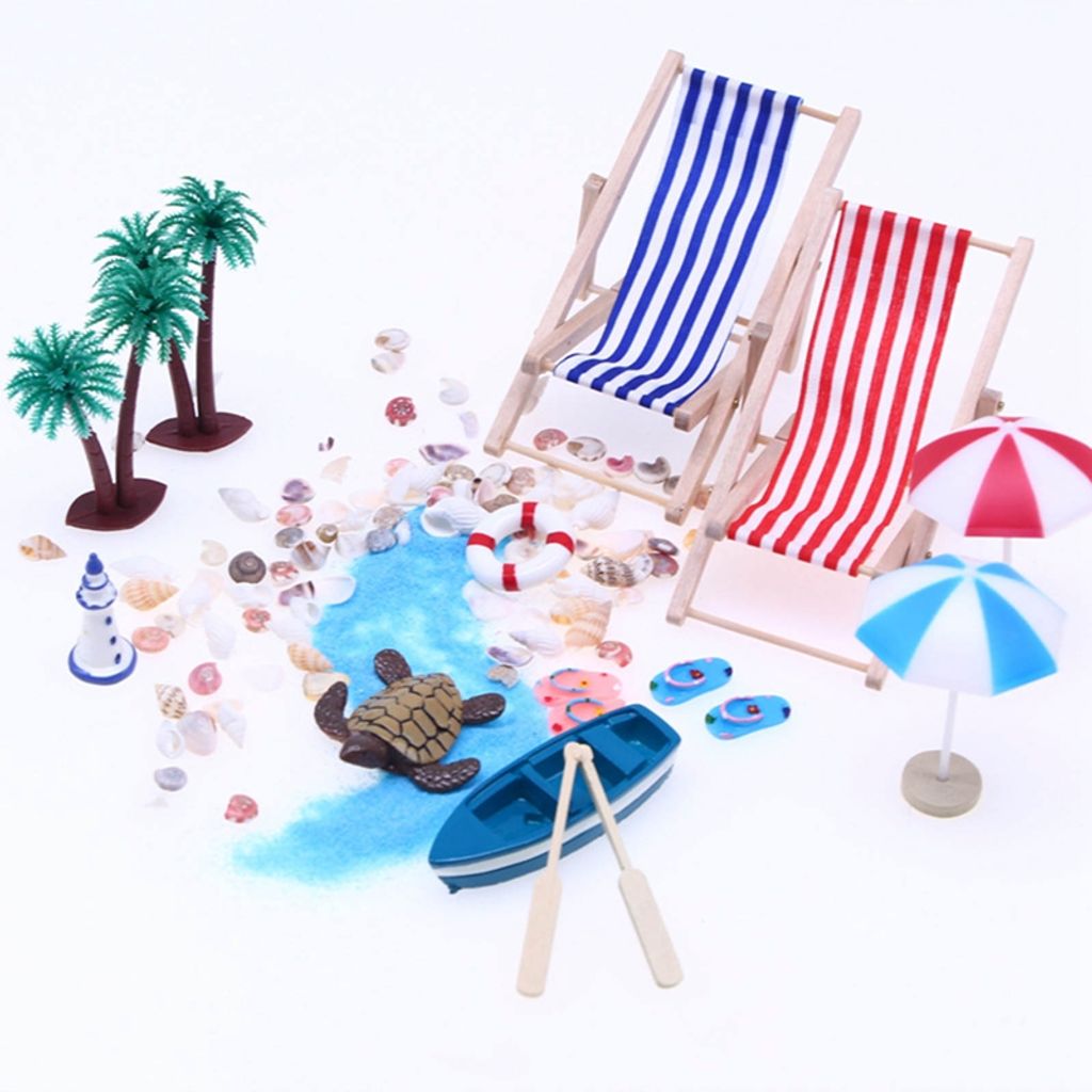 Mini-Stranddeko Set – Miniatur Strandkorb, Palme, Sonnenschirm & Mehr | Für Puppenhäuser, Deko & Kreative Projekte