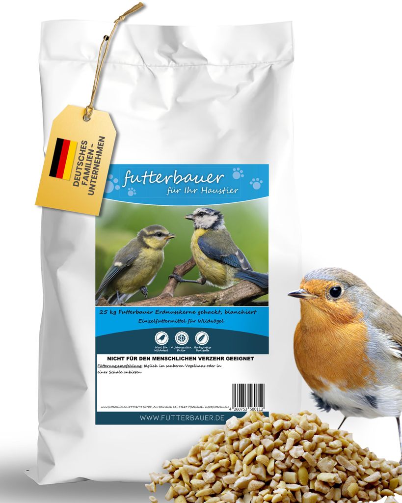 Futterbauer 25 kg Erdnusskerne gehackt für Wildvögel & Eichhörnchen Vogelfutter