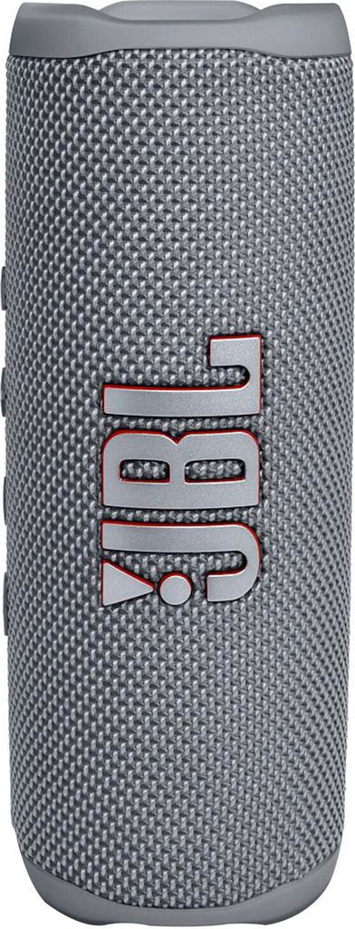 A close-up studio shot of a gray JBL Flip 6 portable waterproof speaker.