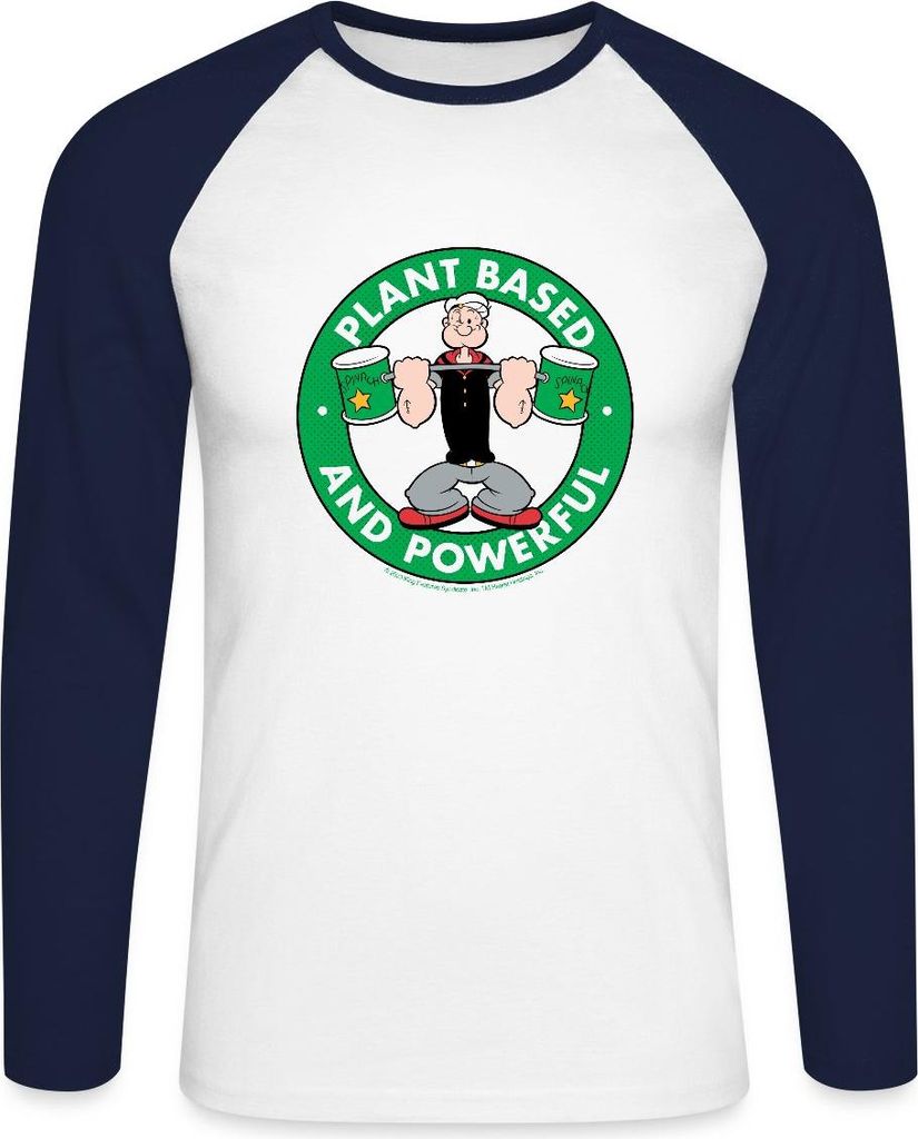 Spreadshirt Popeye Logo Plant Based And Powerful Baseball Langarmshirt Herren, 3XL, Weiß/Navy