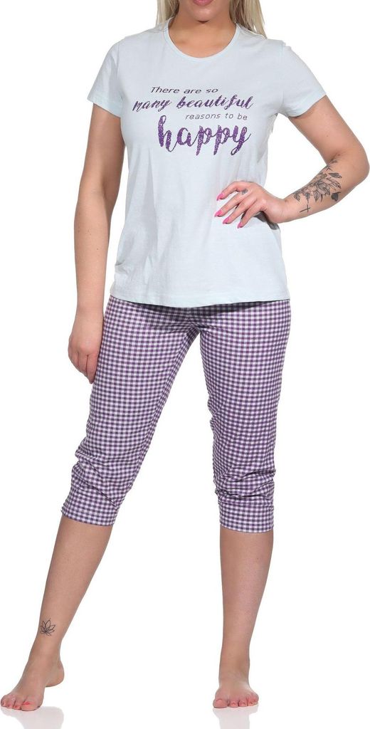 Damen Capri Pyjama, Schlafanzug mit Schriftzug und Karo-Hose - 112 204 10 734 ; hellblau , 40-42