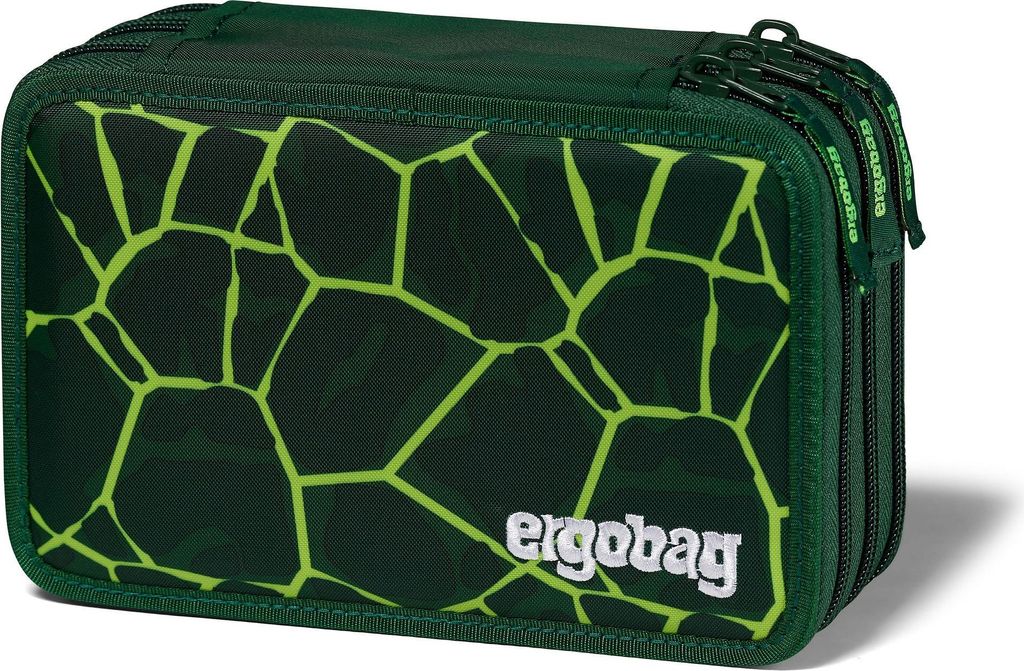 A dark green pencil case with a lime green geometric pattern and the brand logo 'ergobag' in white.