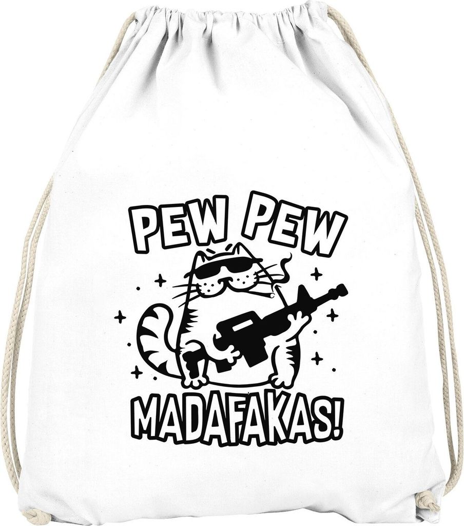 Turnbeutel Pew Pew Madafakas Katze Gangster Cat Meme Spruch Trend Gymsac Gymbag Rucksack Moonworks weiß unisize