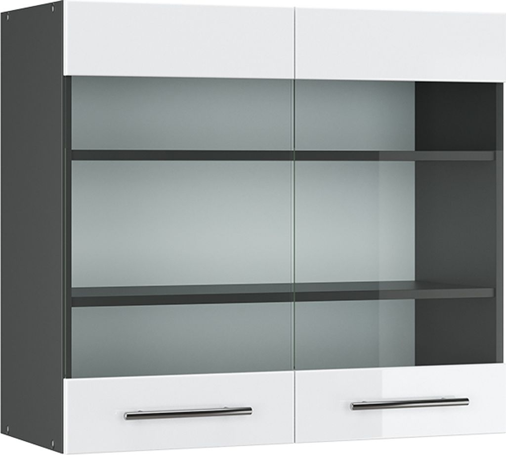 A modern kitchen cabinet with glass doors and drawers.