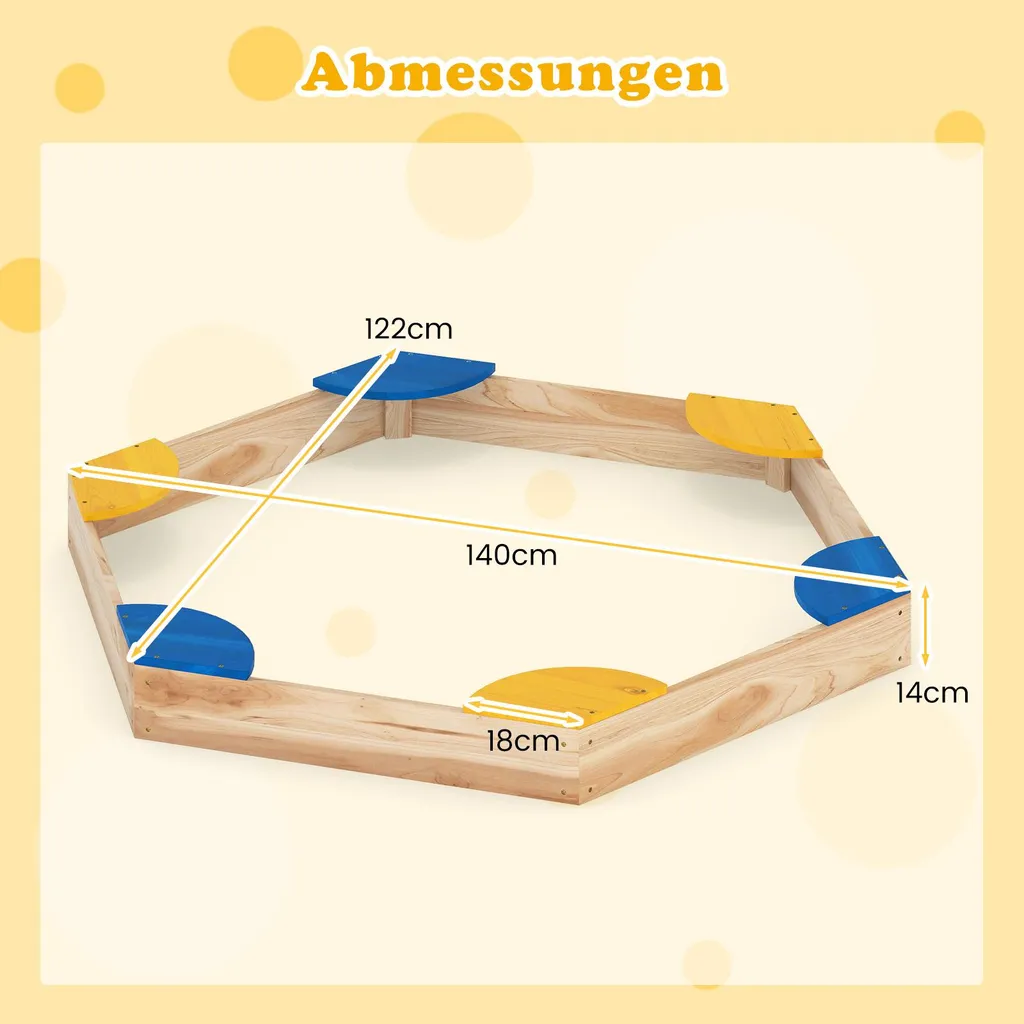 Grand bac à sable hexagonal 6 places en bois, structure robuste 140 cm - 3