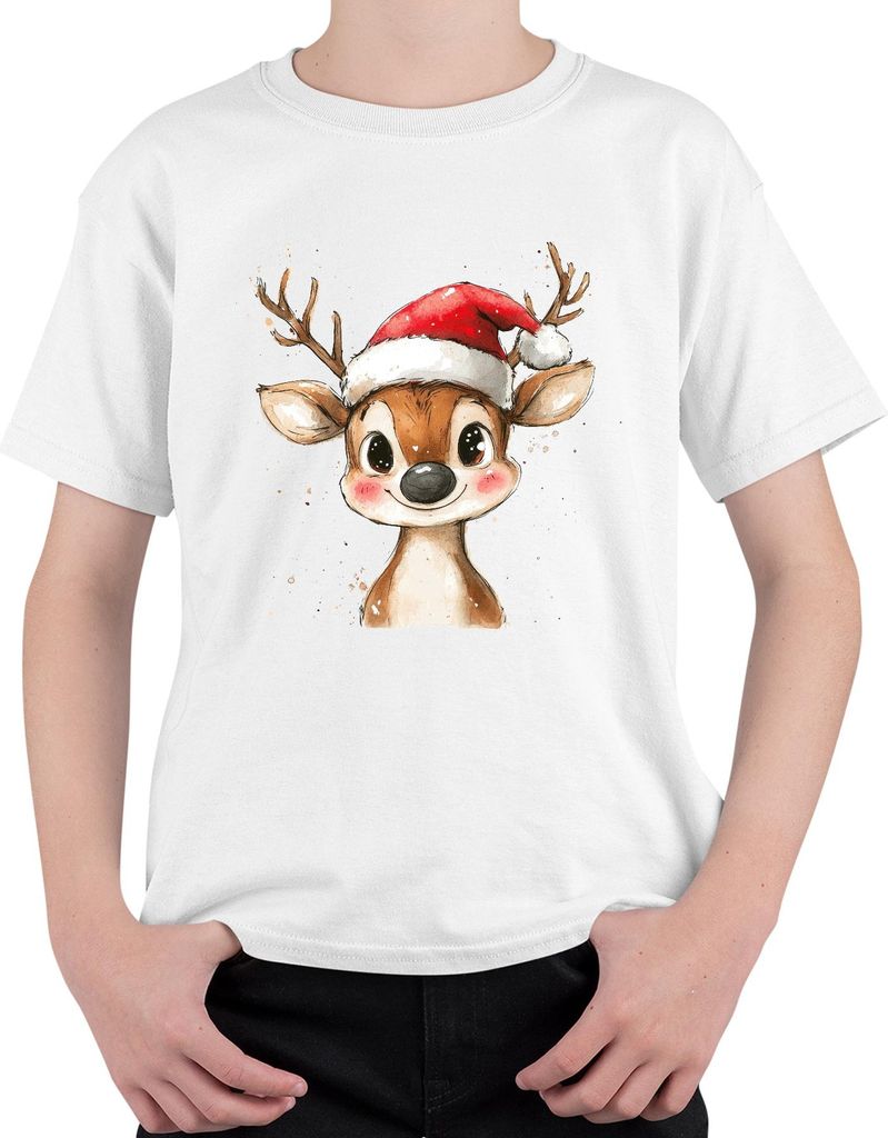 Rentier Weihnachten Aquarell süß Kinder Geschenk Niedlich Vintage Uni Kinder T-Shirt, Weiß, 104