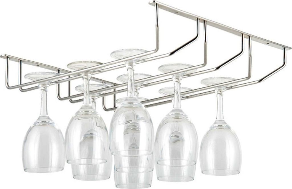 A silver-colored metal wine glass rack hanging from a ceiling or shelf, with several wine glasses suspended from it.