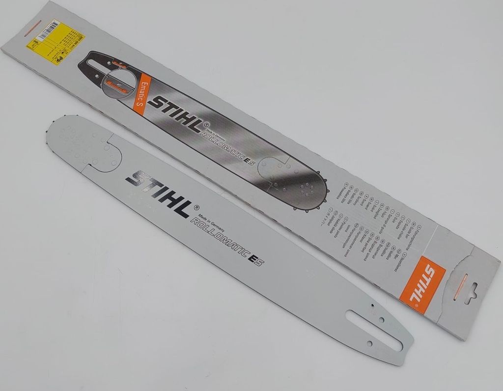A Stihl chainsaw bar and its packaging are displayed on a white background.