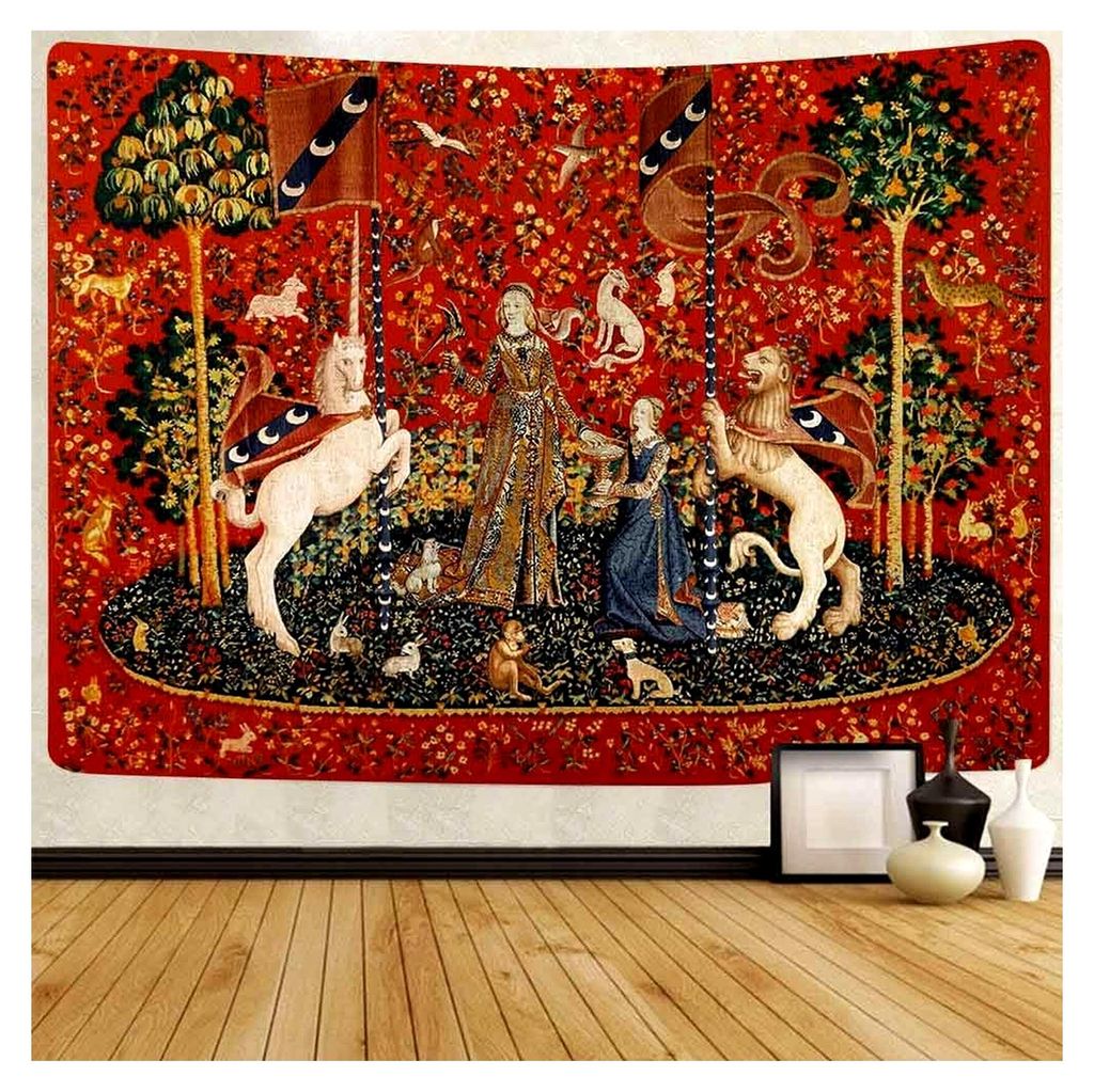 Mittelalterliche Dame Tapisserie europäischer königlicher Wandteppich Dame und Einhorn für Schlafzimmer und Wohnzimmer Nachbildung 203,2 x 152,4 cm