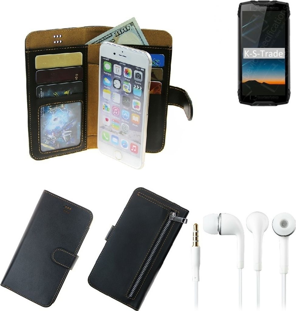 TOP SET Portemonnaie Schutz Hülle kompatibel mit Blackview BV6800 Pro schwarz aus Kunstleder + Kopfhörer Walletcase Smartphone Tasche vollwertige