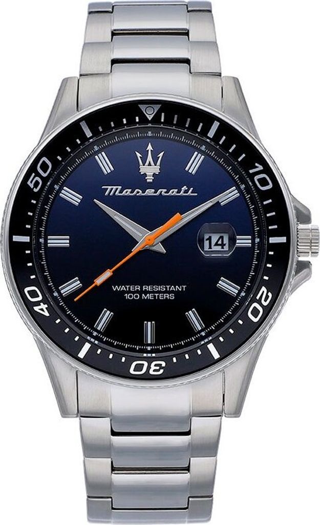 A close-up, professional studio shot of a Maserati men's watch against a white background.