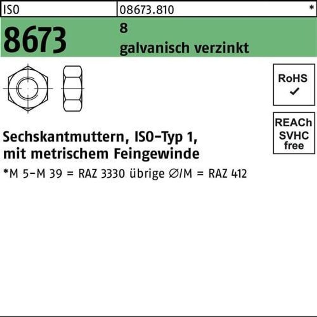 Sechskantmutter ISO 8673 M 30 x 1,5 8 galvanisch verzinkt