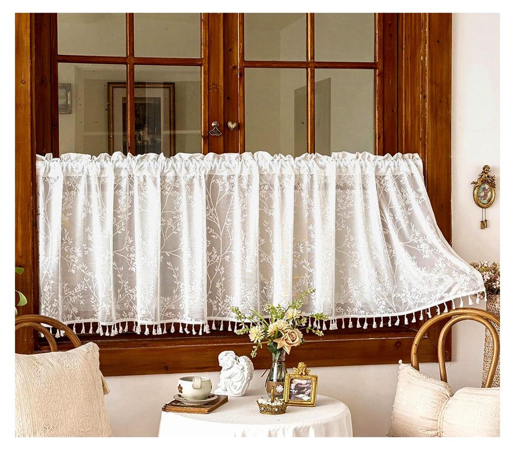 Transparente weiße Scheibengardinen im 2er Set für kleine Fenster mit Stangedurchzug, B 100 x H 45 cm