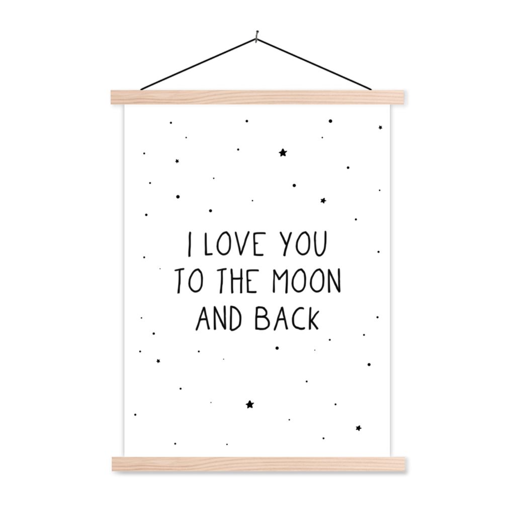 MuchoWow Textilposter Zitate - Ich liebe dich bis zum Mond und zurück - Baby - Liebe - Sprichwörter 60x80 cm mit holzfarbenen Rahmen - Wandbild