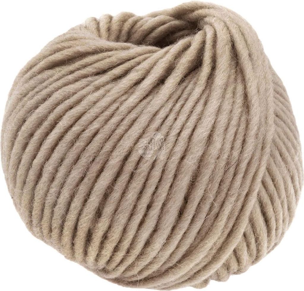 A ball of thick, beige yarn on a white background.
