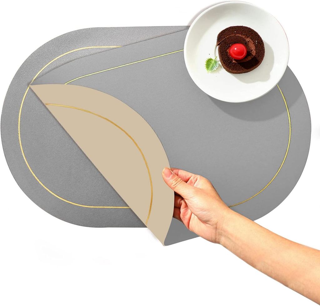 Doppelseitige Tischsets aus PVC-Leder, abwischbar, hitzebeständig, für Küche, Restaurant und Zuhause, 2er-Set, 45 x 30 cm, Grau & Beige