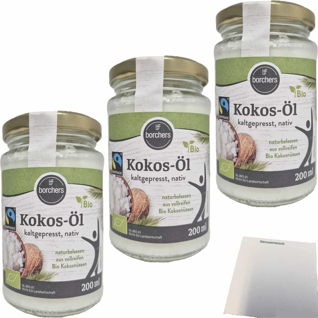 Borchers Kokos-Öl kaltgepresst, nativ 3er Pack (3x200ml Glas) + usy Block