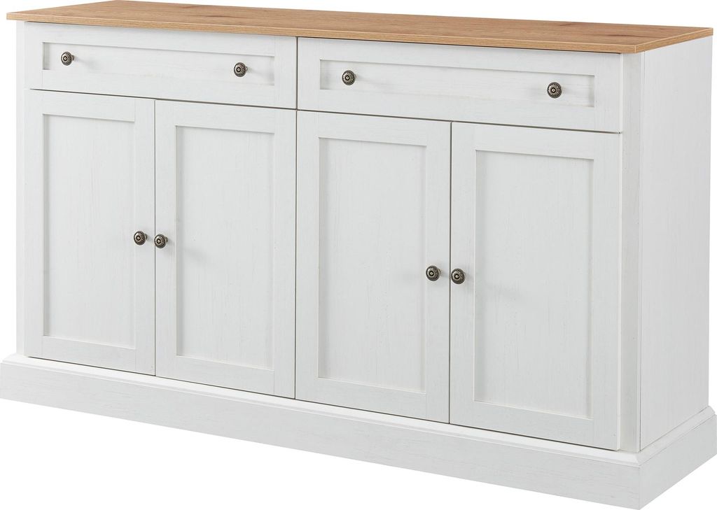 AIORBER Sideboard mit 4 Türen, 2 Schubladen, verstellbaren Regalen, Retro Design, Naturholz/Antikweiß