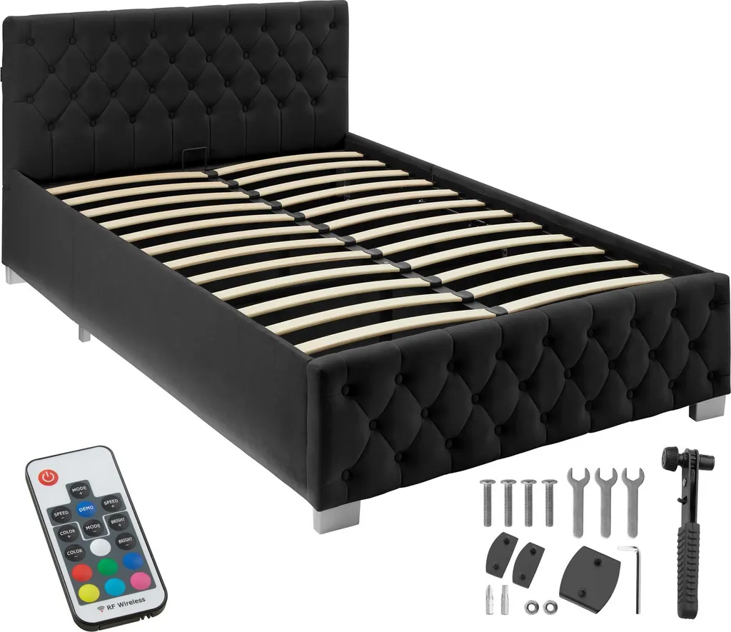 Aménagez votre studio avec ce lit 120x200 velours noir, coffre et LED