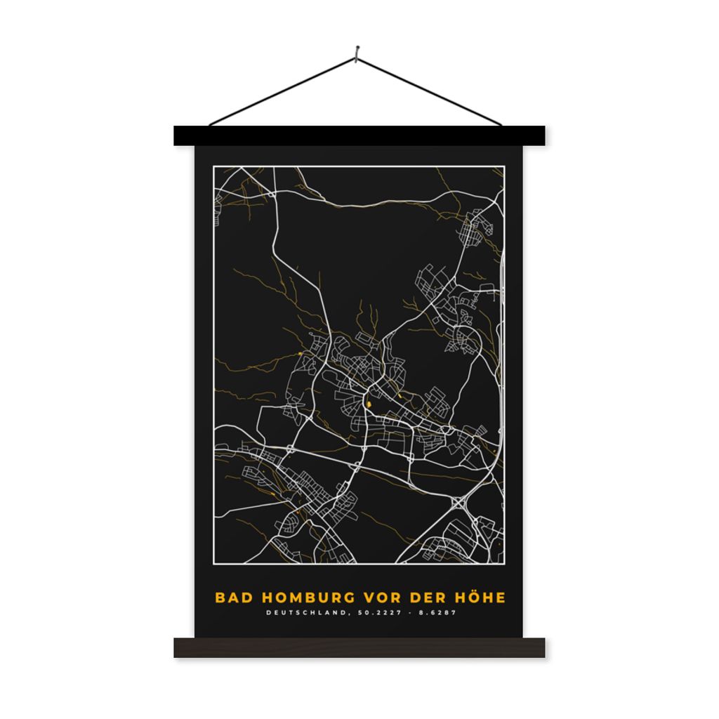 MuchoWow Textilposter Stadtplan - Karte - Bad Homburg vor der Höhe - Gold - Deutschland - Karte 60x90 cm mit schwarzem Rahmen - Poster Wohnzimmer