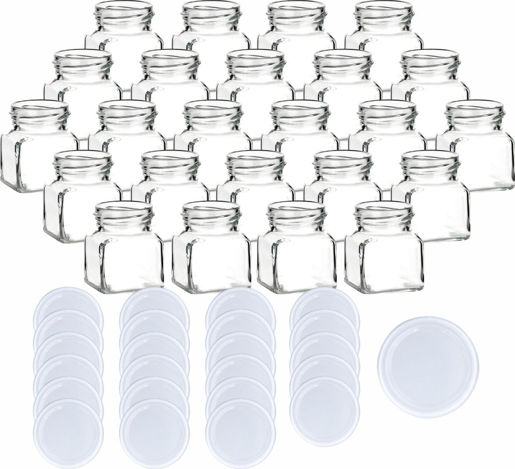 gouveo 24er Set Einmachgläser 120 ml eckig Schraubverschluss weiss - Leeres Vorratsglas mit Deckel zum Befüllen - Schraubglas für Marmelade, Gew...