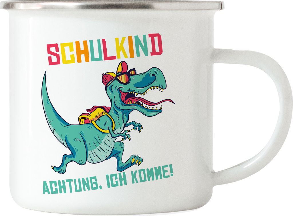 Schulkind Achtung Ich Komme Emaille Tasse Einschulungsgeschenk T-Rex Dinosaurier Fans 1. Klasse