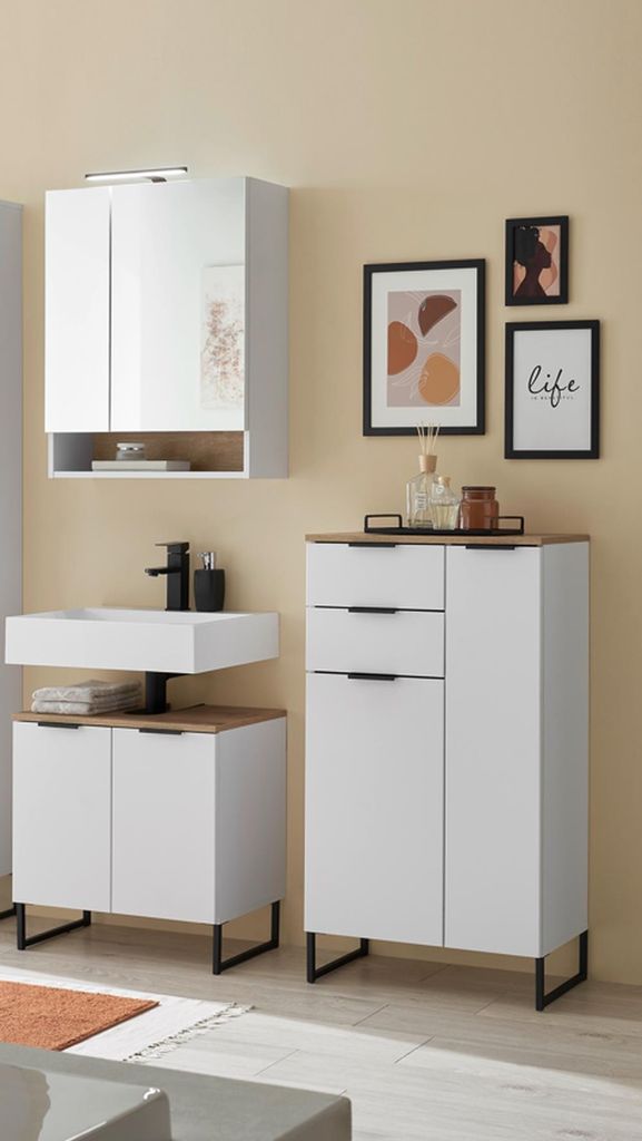 Badezimmer-Set >Denver< (3-tlg.) in weiß matt / Evoke Eiche Nachbildung - 140x195x35 (BxHxT)
