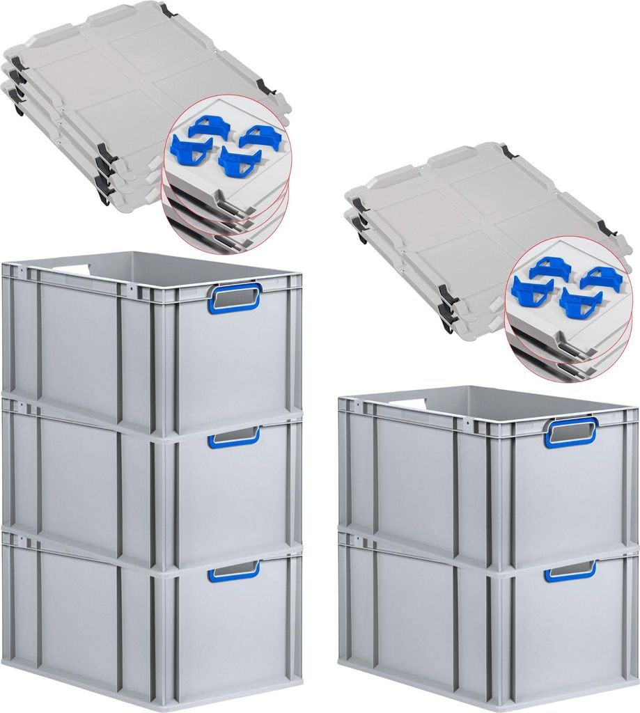 SparSet 5x Eurobox NextGen Color mit Auflagedeckel und Schiebeschnappverschlüsse | HxBxT 32x40x60cm | 65 Liter | Griffe blau offen | Verstärkter ...