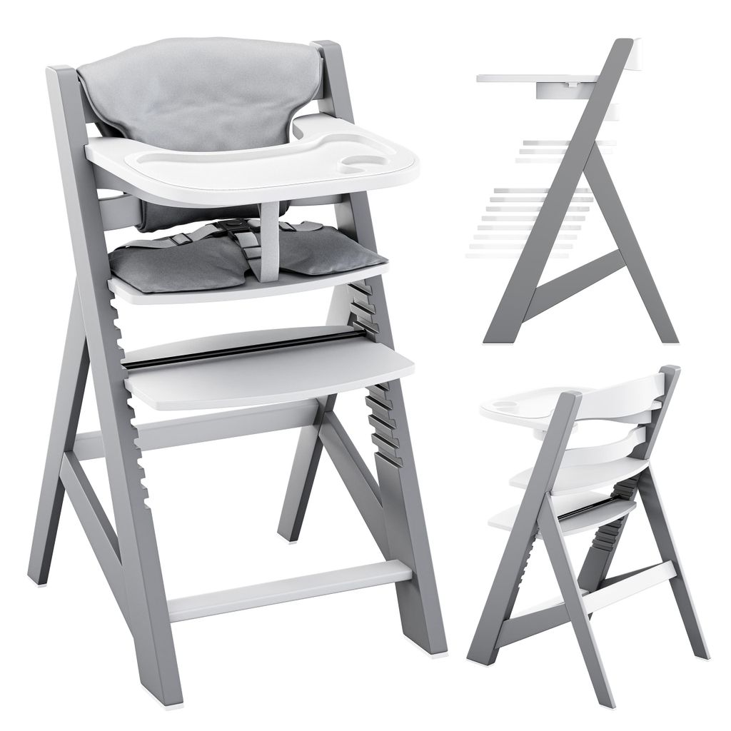 TULANO Morsel 40 | Kinderhochstuhl Treppenhochstuhl | Verstellbar | Mitwachsender ab 6 Monate bis 12 Jahre | 3-Punkt-Gurt | Essbrett | Holz Grau Weiß