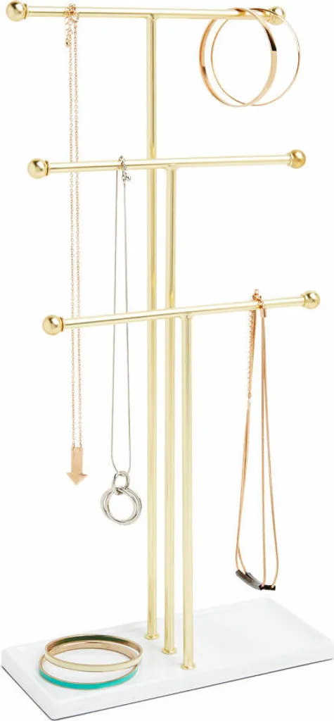 Présentoir à bijoux blanc et doré avec base coupelle intégrée