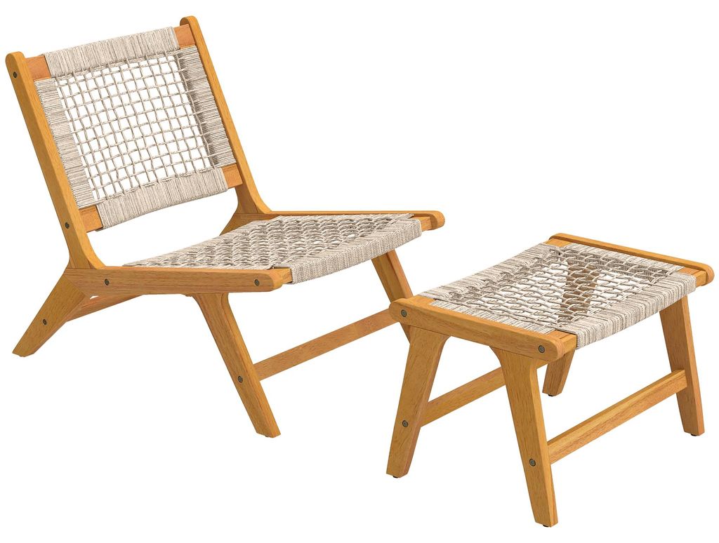 Gartensessel mit Hocker 2-teilig Akazienholz Outdoor Loungesessel mit Rattan-Sitz Boho-Stil verstellbare Füße