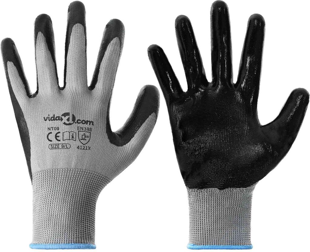 vidaXL Arbeitshandschuhe 12 pcs Grau und Schwarz 9 / l Polyester